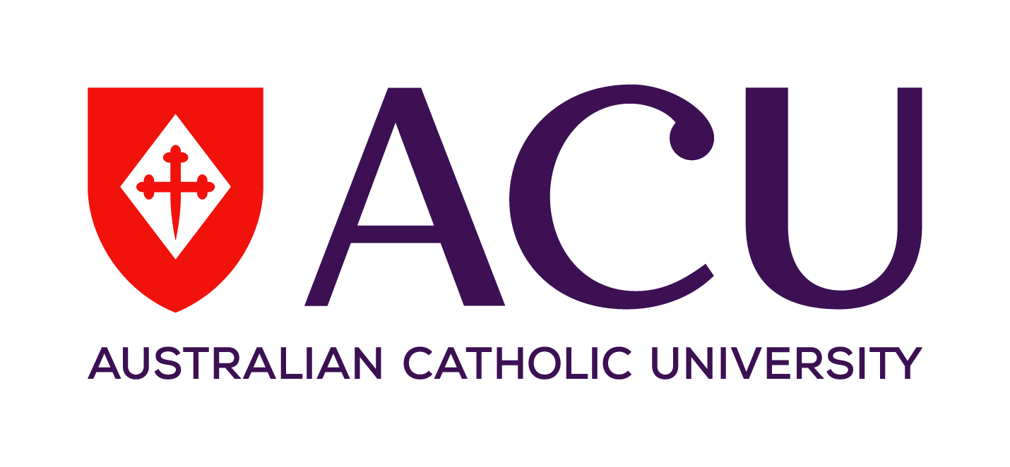 Australian Catholic University logo: red shield with a cross, purple 