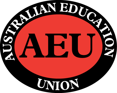 AEU logo: black and red oval with 