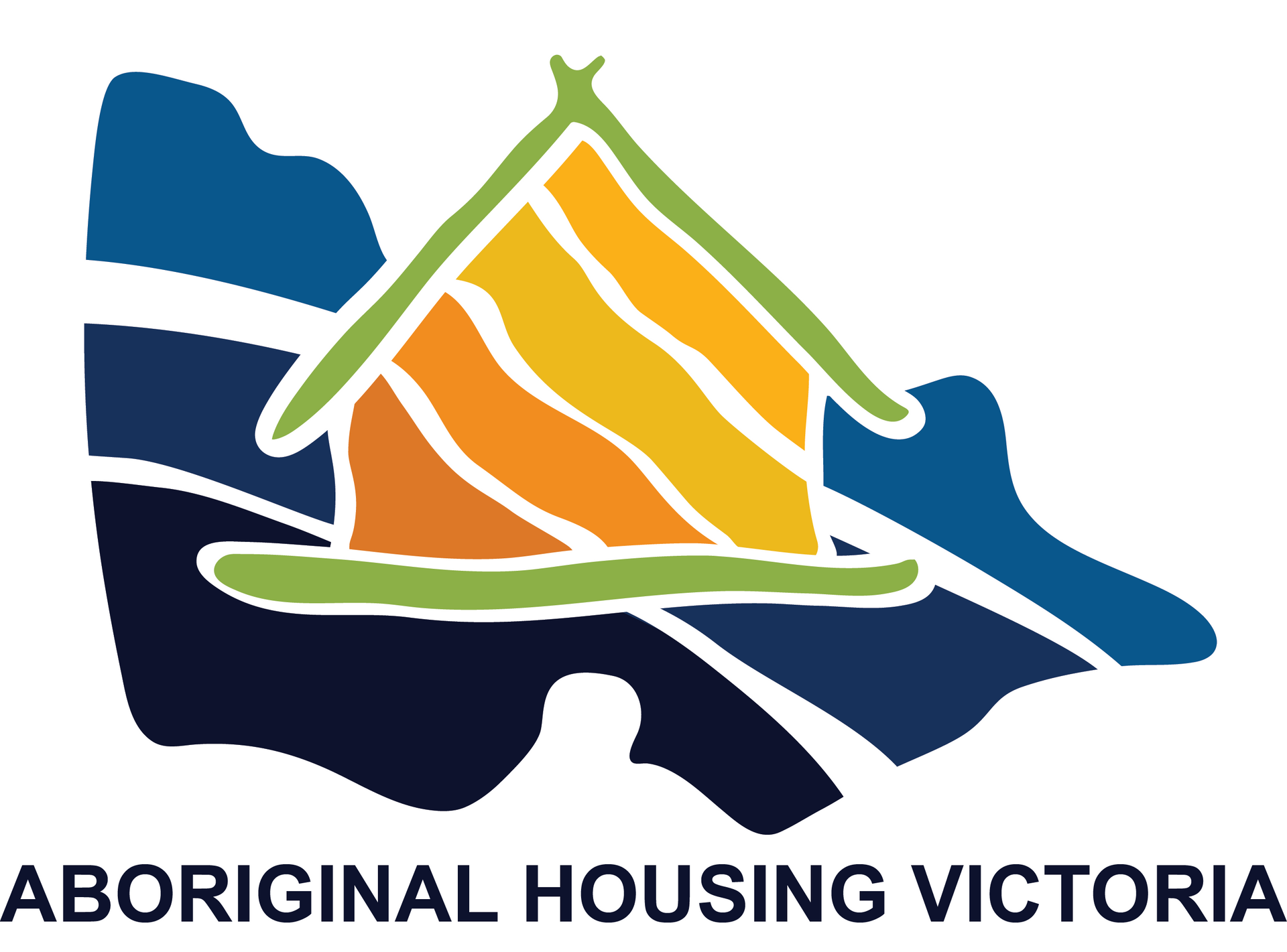 Logo of Aboriginal Housing Victoria: a stylized house over a map of Victoria, in shades of blue, green, orange, and yellow.