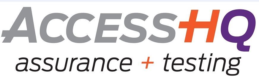 AccessHQ logo with grey text, orange plus, and purple Q, below 
