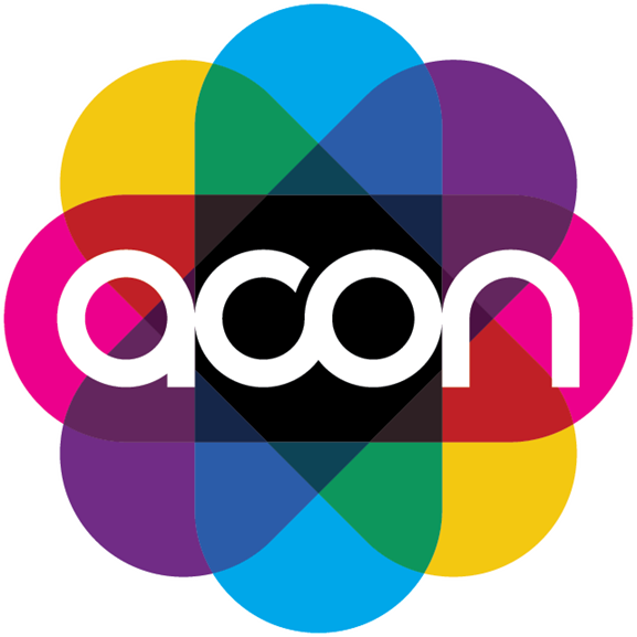 ACON logo with overlapping rainbow-colored shapes, the word 