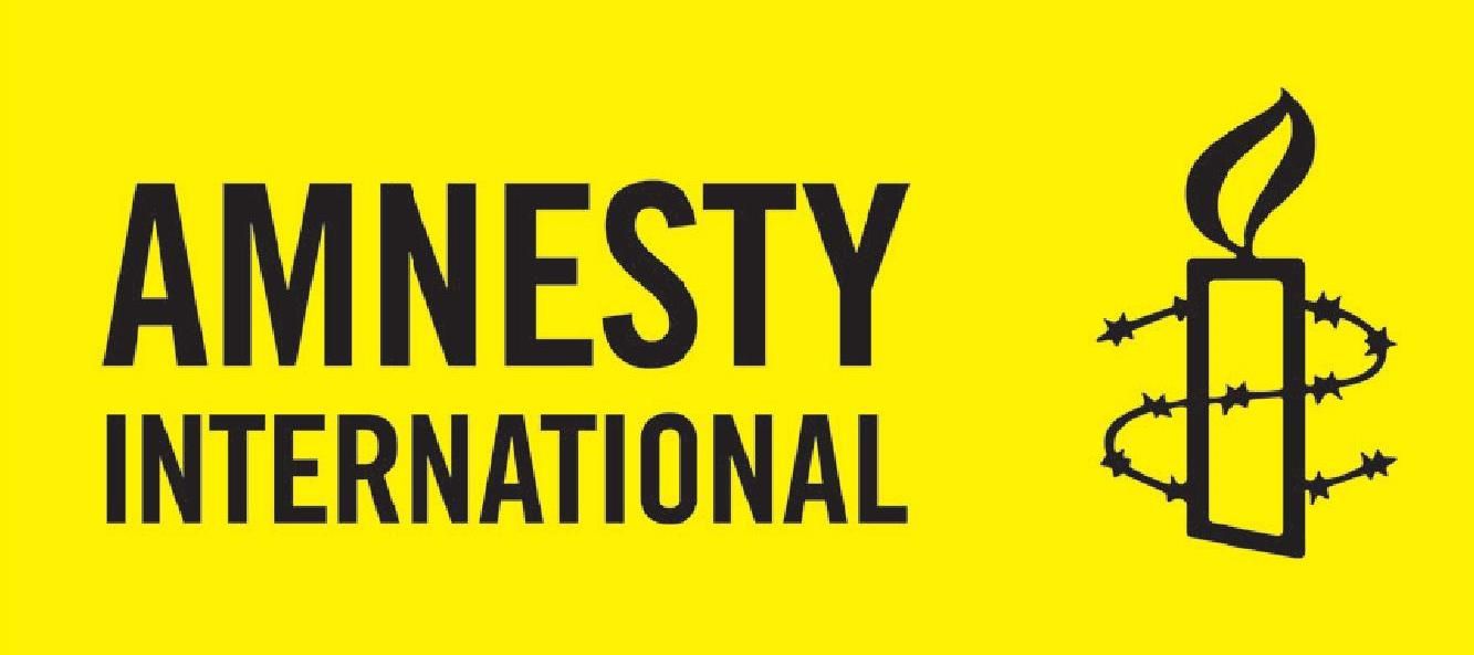 Amnesty International logo: Black text on yellow background; candle encircled by barbed wire.