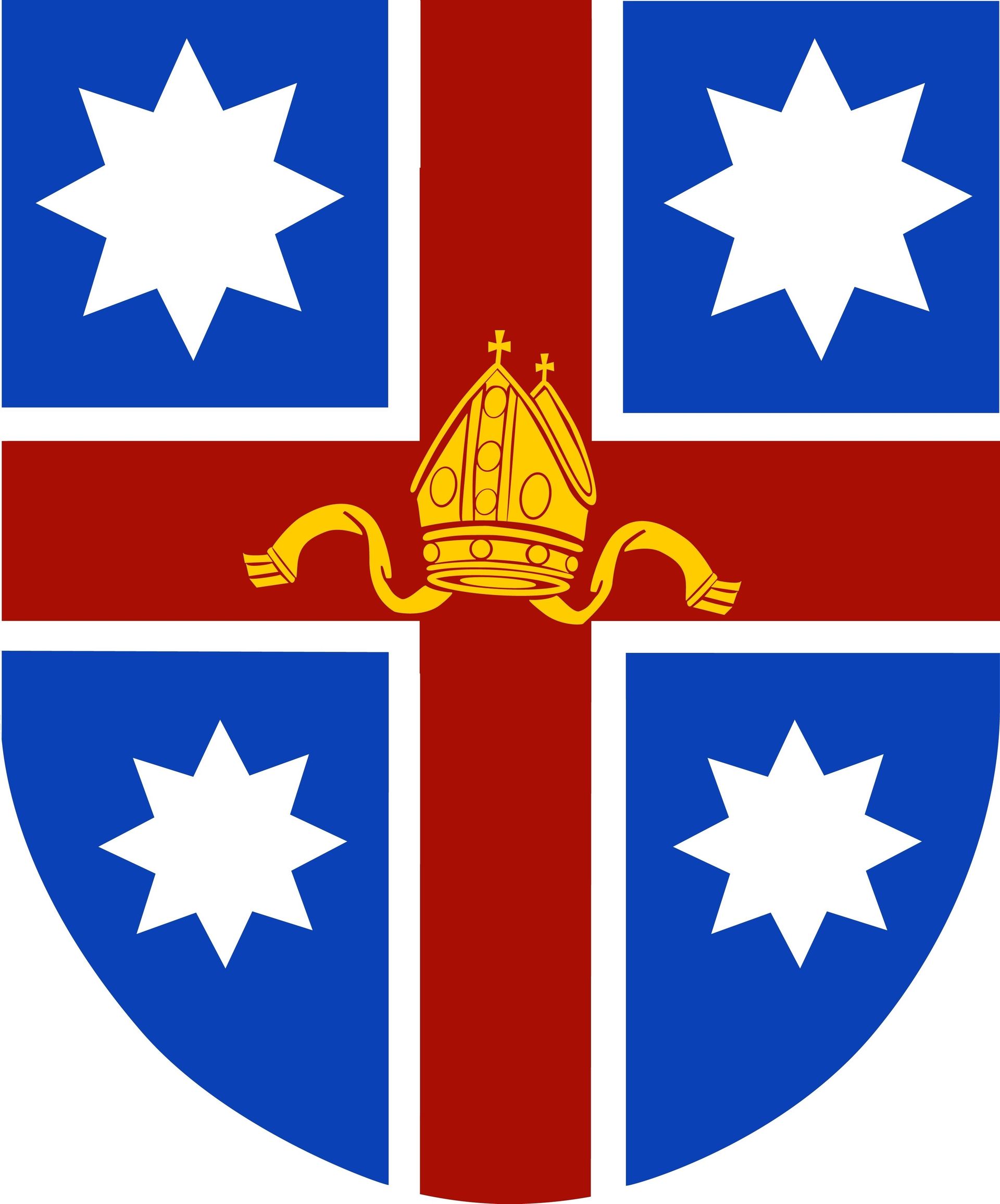 Coat of arms with red cross, blue quadrants with white stars, and a gold bishop's hat.