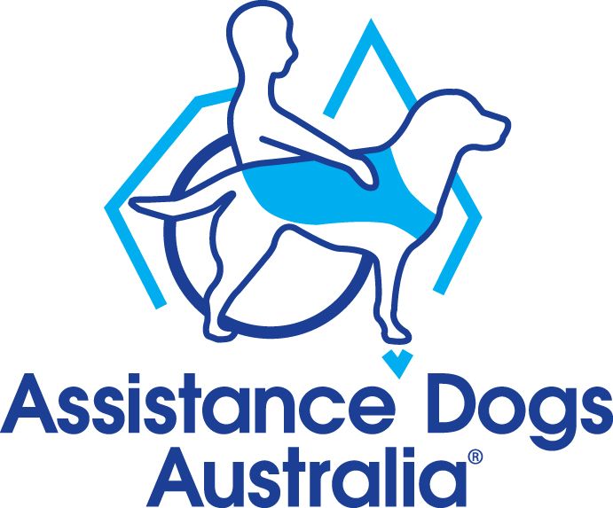 Logo of Assistance Dogs Australia: child figure embracing dog, blue and white, with text 