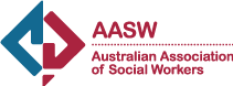 Logo of the Australian Association of Social Workers: geometric shapes in blue and red, with the acronym 