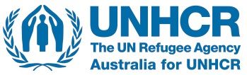 UNHCR logo: Blue hands shelter a stick figure within a laurel wreath, with text 