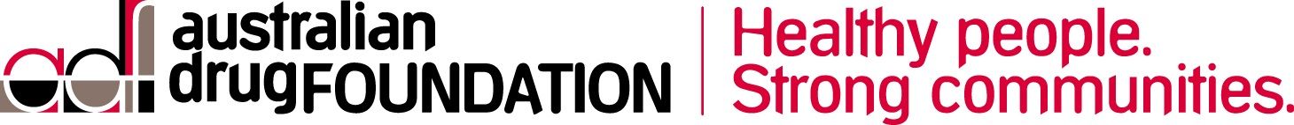 Logo of the Australian Drug Foundation with tagline: Healthy people. Strong communities.