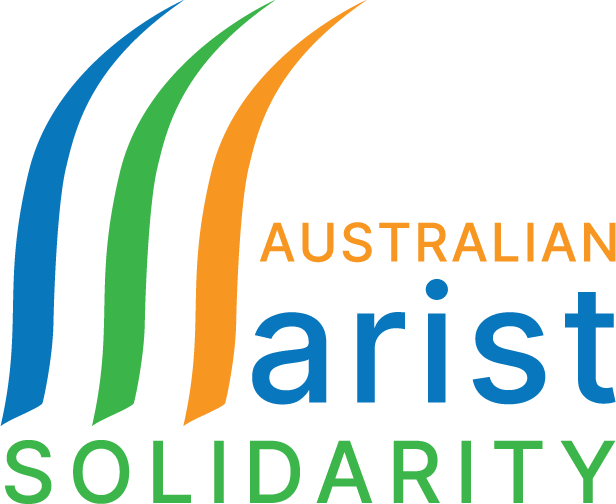 Logo for Australian Marist Solidarity: Blue, green, and orange arcs over the word 