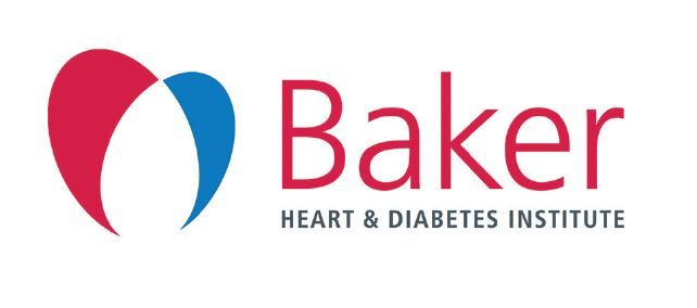Baker Heart & Diabetes Institute logo: red heart shape with blue arc next to red 