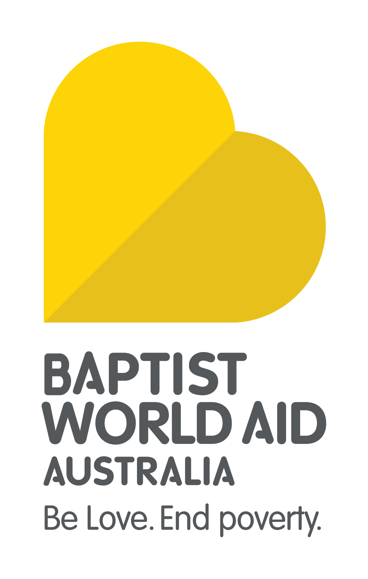 Logo for Baptist World Aid Australia: yellow heart symbol with organization name and tagline “Be Love. End poverty.”