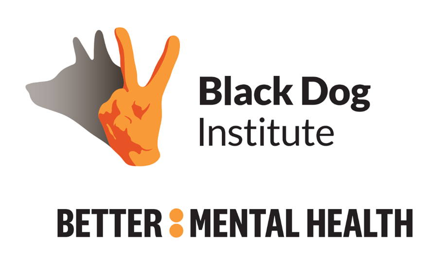Black Dog Institute logo: orange peace sign, grey dog silhouette, black text 