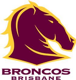 Brisbane Broncos logo: maroon horse head with gold outline, text 