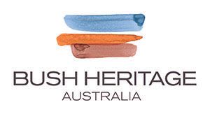 Logo for Bush Heritage Australia: horizontal brushstrokes in blue, orange, and brown above text.