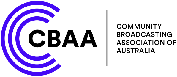 Logo of CBAA, Community Broadcasting Association of Australia; black text, purple concentric circles.