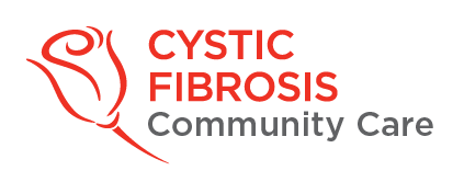 Logo for Cystic Fibrosis Community Care; red rose graphic, red text, and gray text.