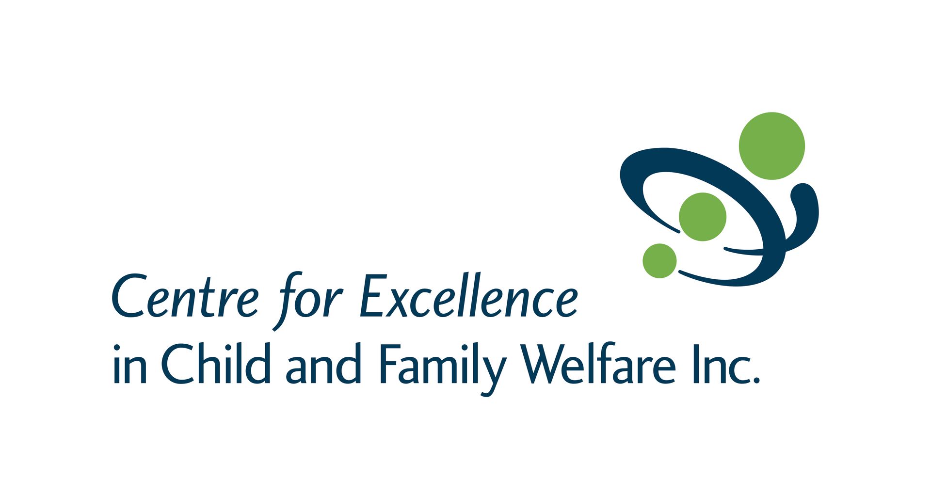 Logo of the Centre for Excellence in Child and Family Welfare Inc. featuring a curved blue design with green circles and text.