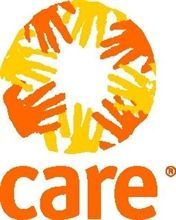 Logo of the CARE organization. A circle formed by overlapping orange and yellow handprints above the word 