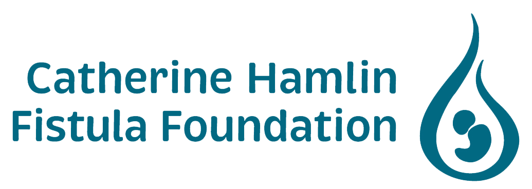 Catherine Hamlin Fistula Foundation logo. Turquoise text and a drop with a person.