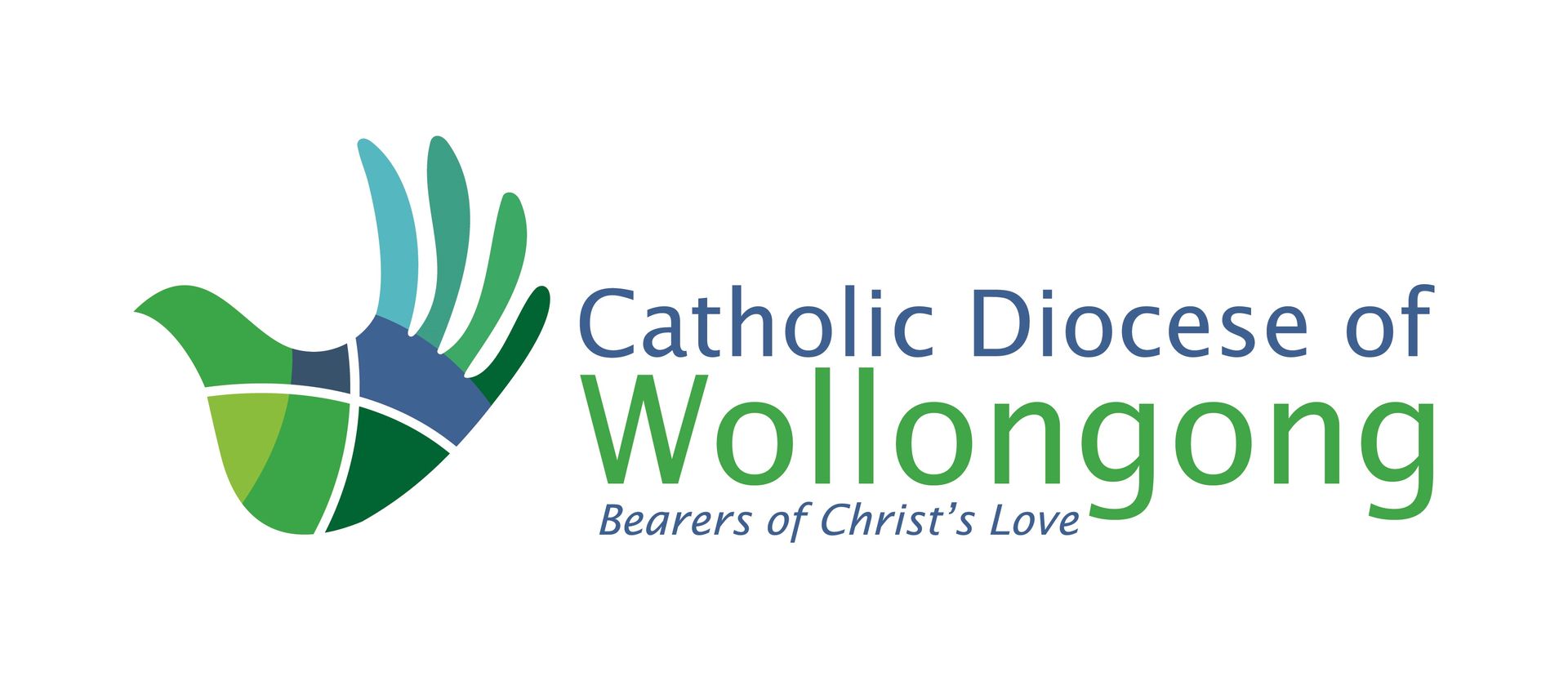 Logo of Catholic Diocese of Wollongong: a hand shape in shades of green, blue, and white; text to the right.