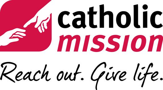 Catholic Mission logo with hands reaching out; tagline: Reach out. Give life.