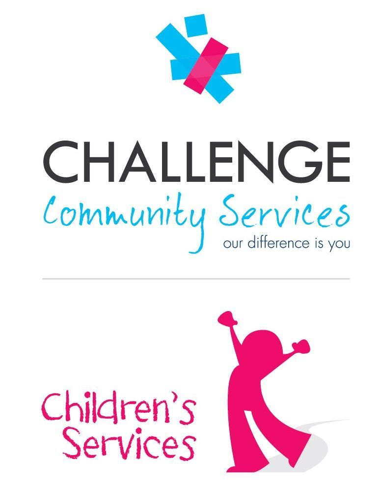 Logo for Challenge Community Services and Children's Services: abstract shapes and joyful child.