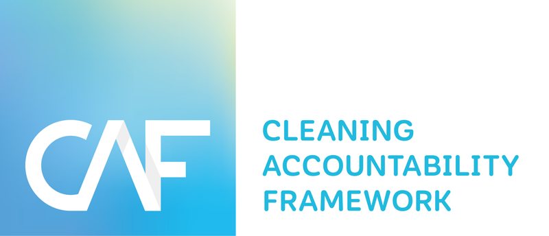 Logo of CAF (Cleaning Accountability Framework) with blue gradient background and white text.