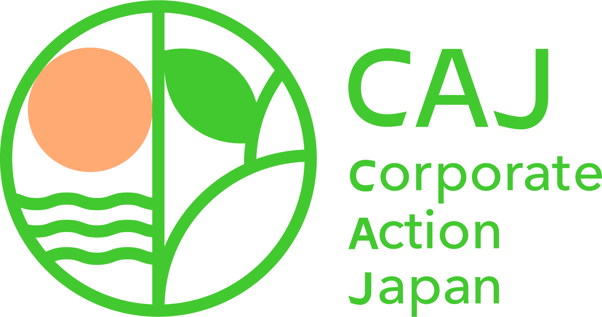 Logo for Corporate Action Japan (CAJ) with a green circle including a sun, leaf, and waves.