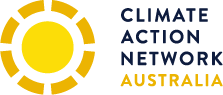 Logo of Climate Action Network Australia, with a yellow sun icon and dark blue text.