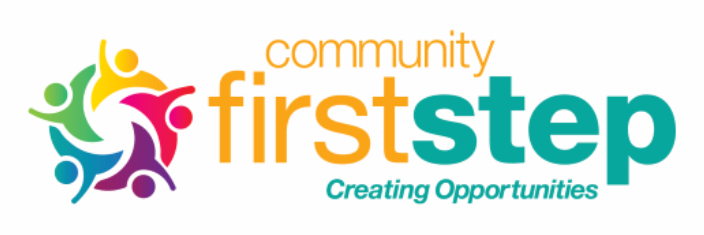 Logo for Community First Step: Colorful figures in a circle, text reads 