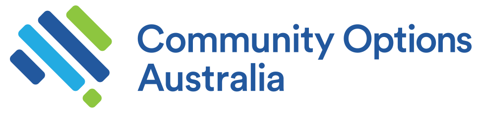 Logo of Community Options Australia, with a blue and green abstract graphic and text in dark blue.