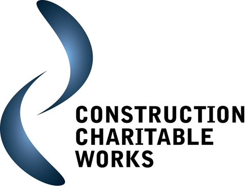 Construction Charitable Works logo: two intersecting blue curves next to black text.