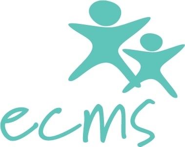 Two teal stick figures with arms raised, one larger than the other; below, teal text 