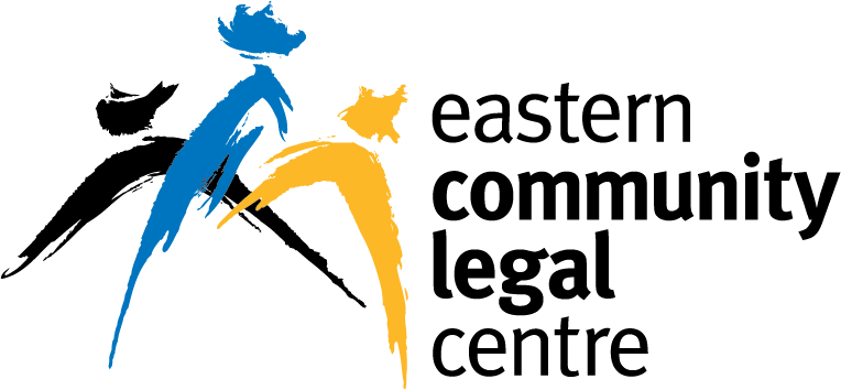 Logo of Eastern Community Legal Centre; three stylized figures in black, blue, and yellow with text.