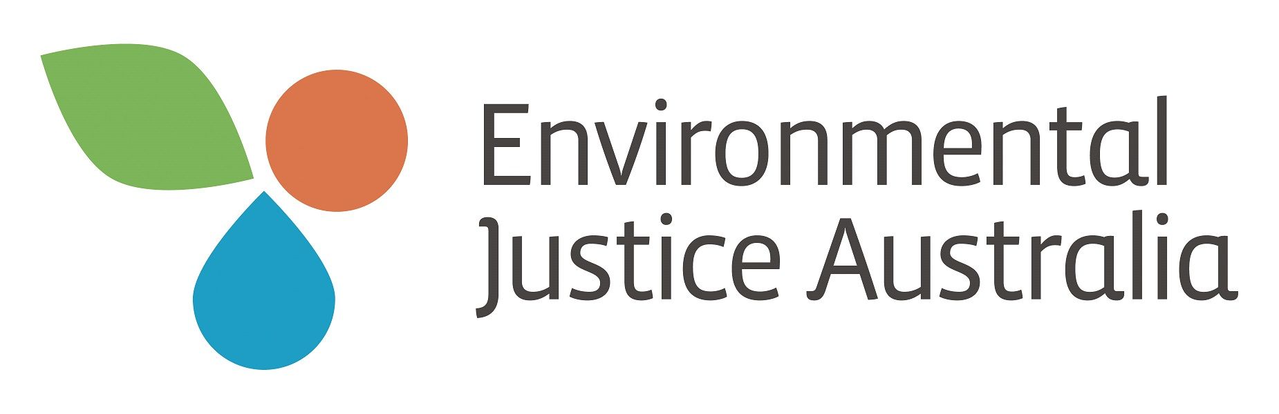 Environmental Justice Australia logo: green leaf, orange circle, blue teardrop, text.