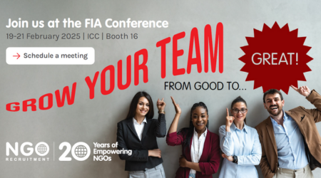 Conference advertisement: Group of people smiling, text “Grow Your Team” and “Great!”,  FIA Conference, February 2025.