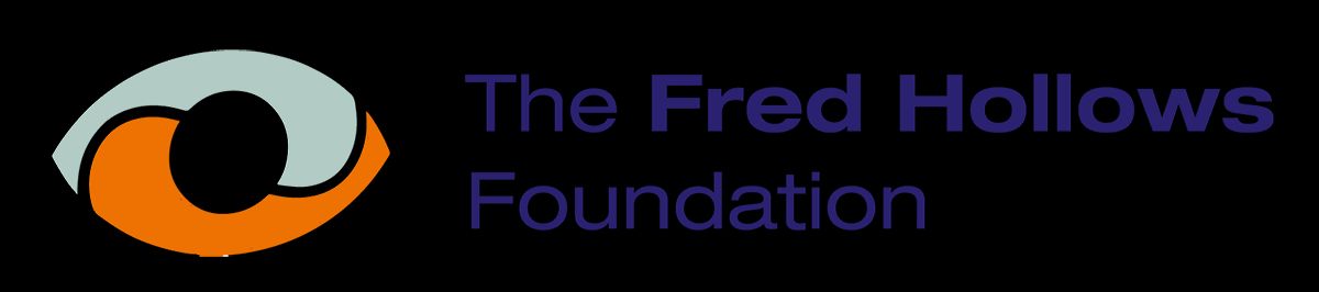 The Fred Hollows Foundation logo: an eye shape in orange, white and black with text.