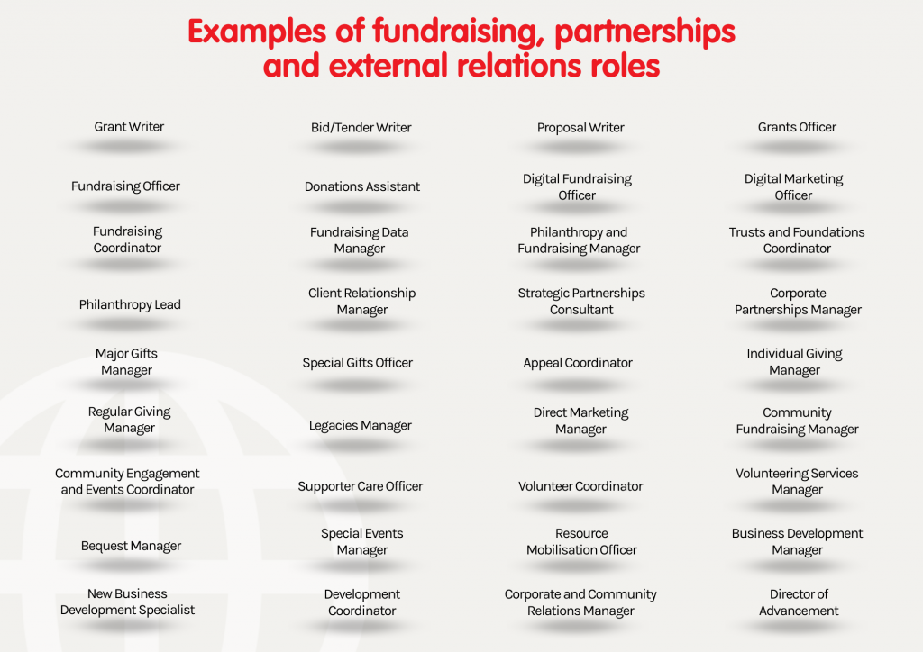 Examples of fundraising, partnerships, and external relations roles listed on a beige background in a table.