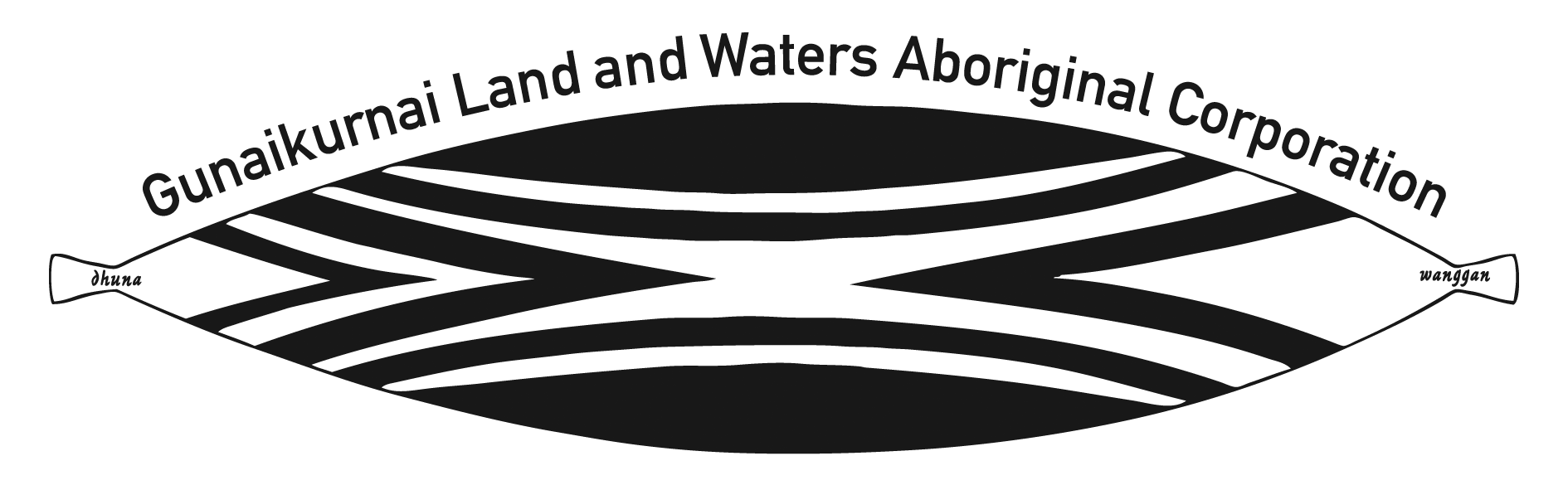 Gunaikurnai Land and Waters Aboriginal Corporation logo: black and white abstract design with text.