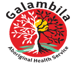 Galambila Aboriginal Health Service logo: red circle with tree, white left and black right branches, yellow sun.