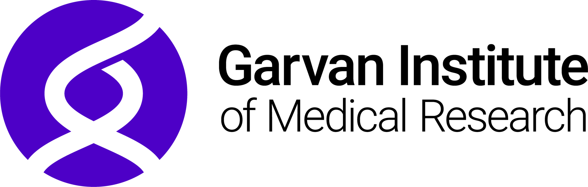 Logo of the Garvan Institute of Medical Research, with a purple circle and white DNA-like design. Black text.