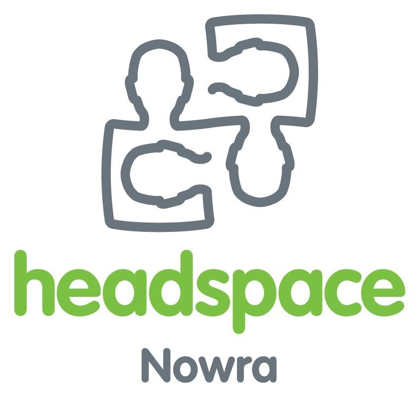 Headspace Nowra logo: Grey puzzle piece with person shapes, green 