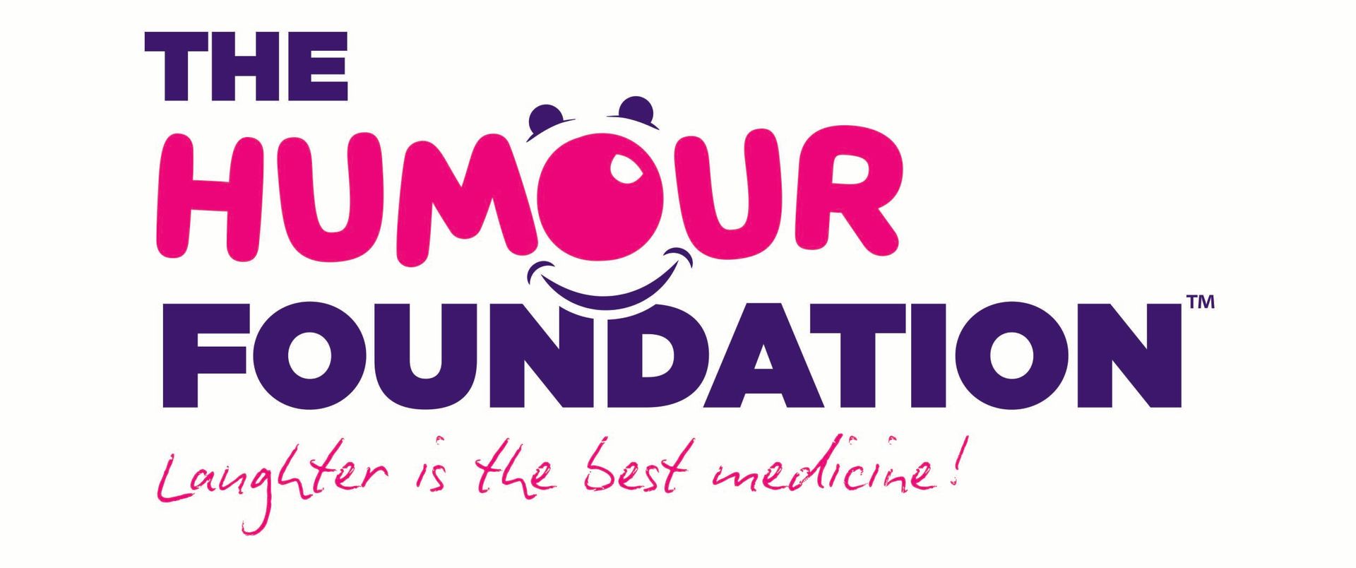 Logo for The Humour Foundation: words in purple and pink, with a cartoon face above the letter 