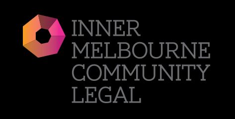Inner Melbourne Community Legal logo. Abstract geometric shape in orange and pink next to text.