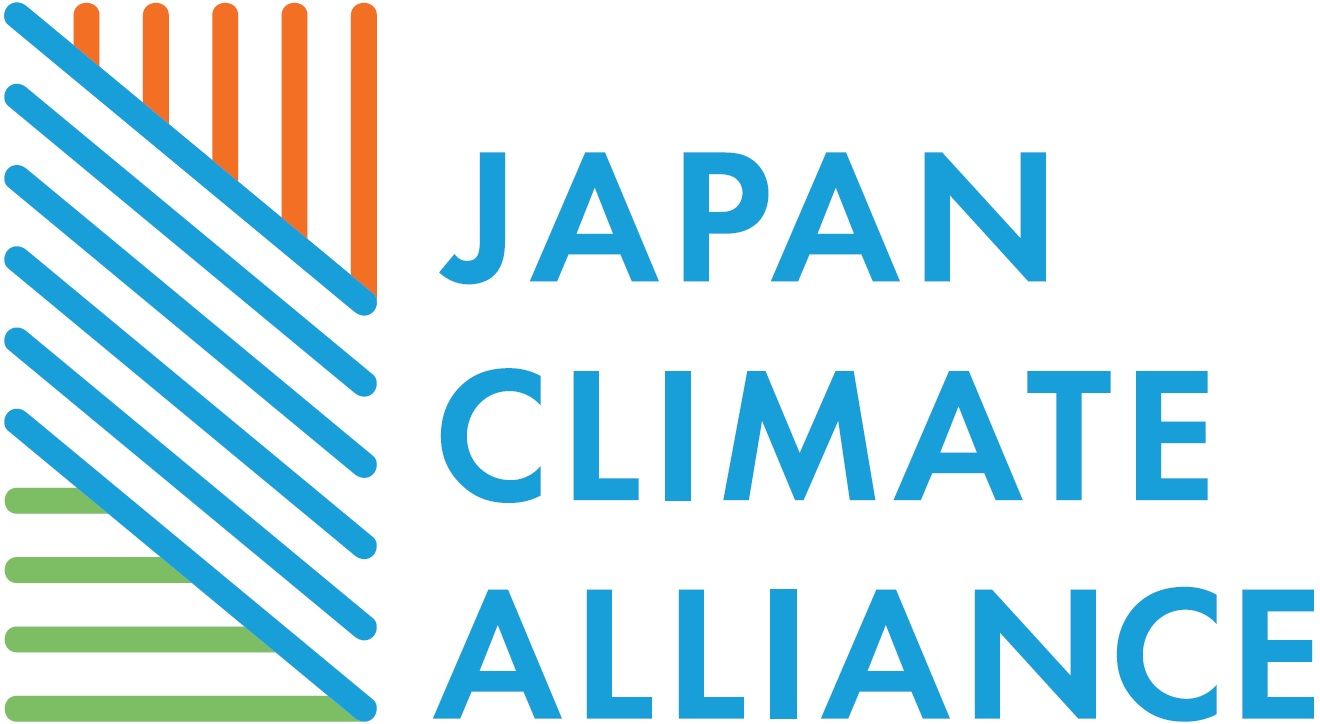 Logo for Japan Climate Alliance: Text in blue; abstract design in blue, orange, and green stripes.