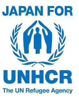 Japan for UNHCR logo: blue hands sheltering a blue figure inside a blue wreath.