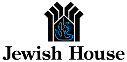 Logo for Jewish House: black stylized house with a blue outline of two figures. 