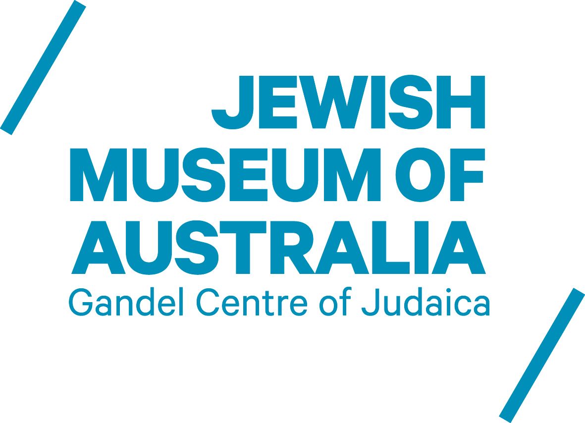Jewish Museum of Australia logo in turquoise with diagonal lines. 