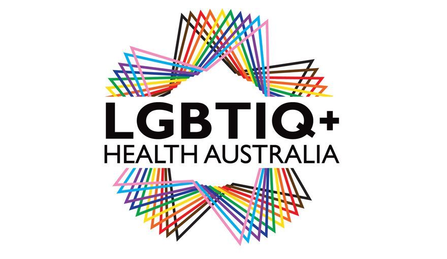 Logo for LGBTIQ+ Health Australia with rainbow-colored triangles forming a star shape around text.