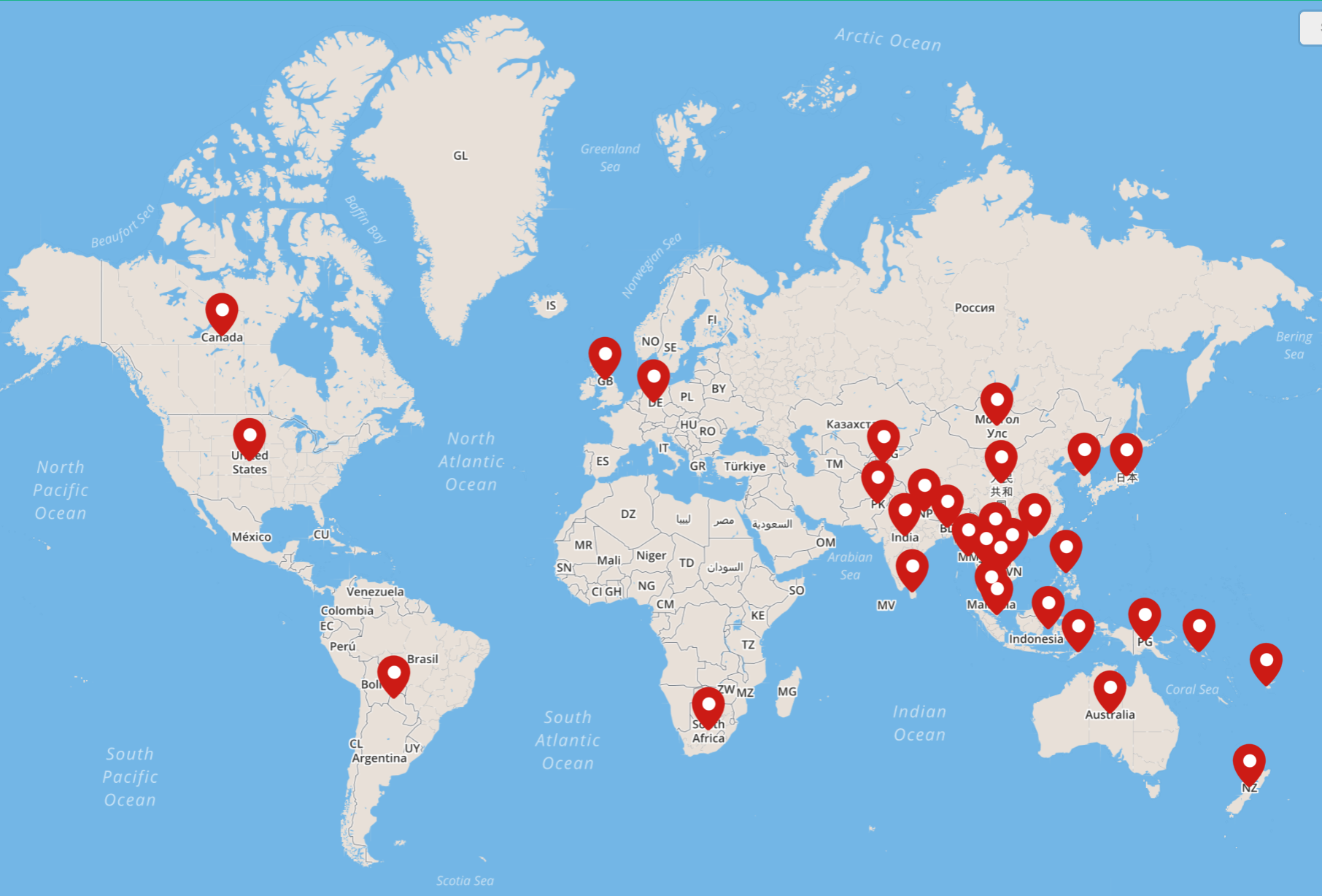 World map with red location markers, primarily concentrated in Asia.