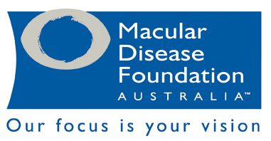 Macular Disease Foundation Australia logo with a blue background, grey eye symbol, and text.